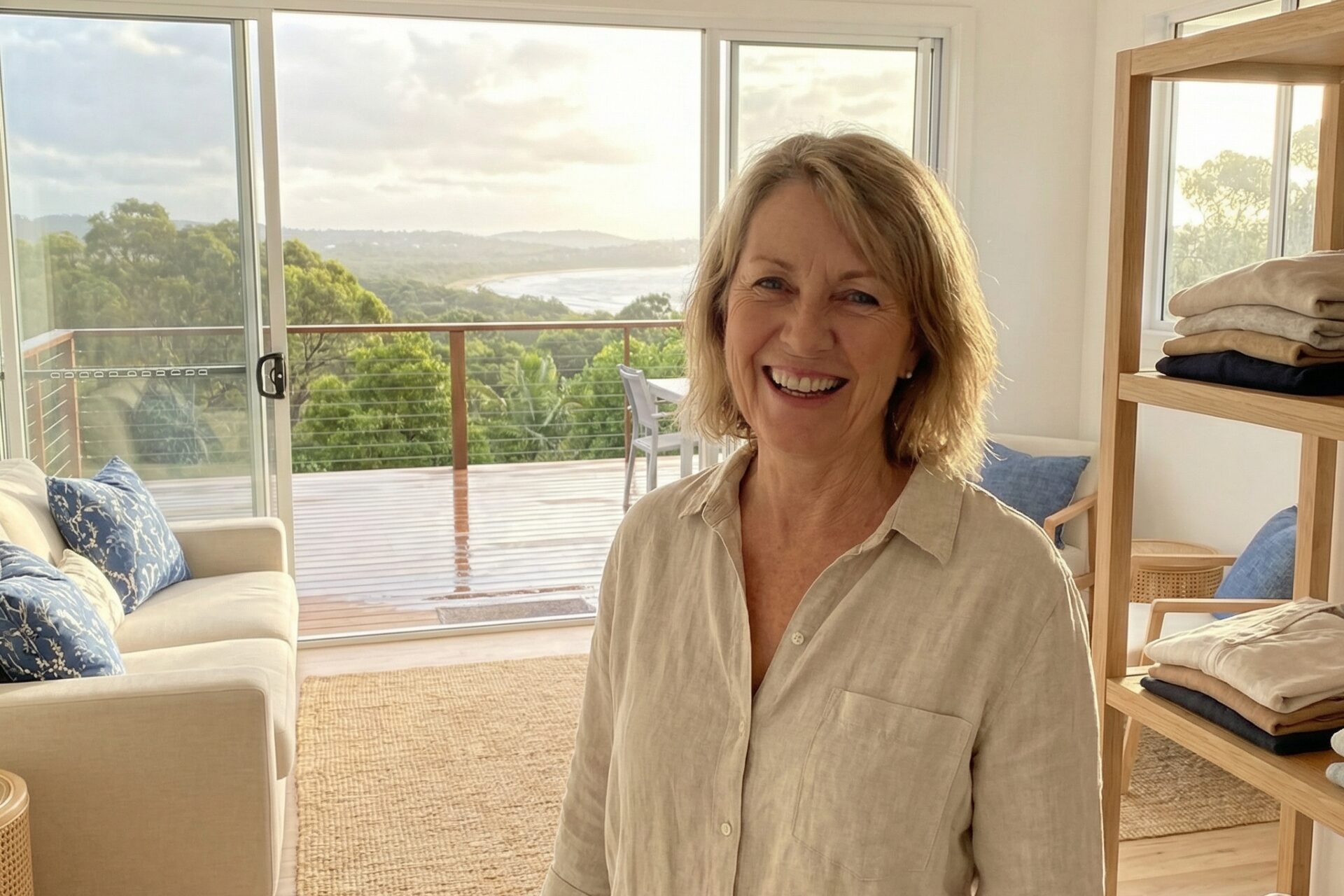 Smiling woman in bright living room with view