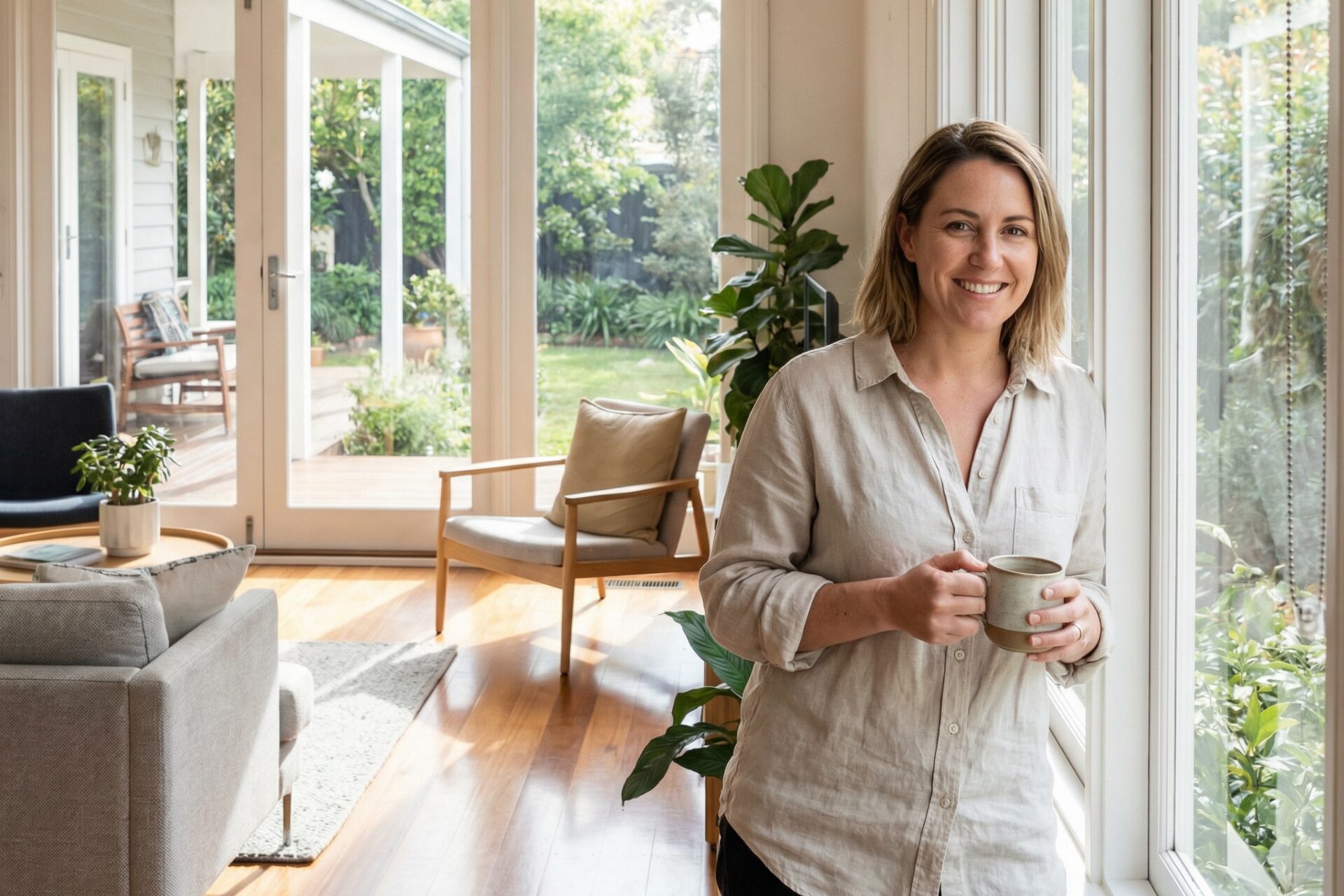 Smiling woman holding mug in bright living room
