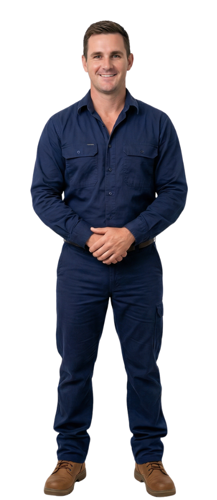 Person in blue shirt and trousers smiling.